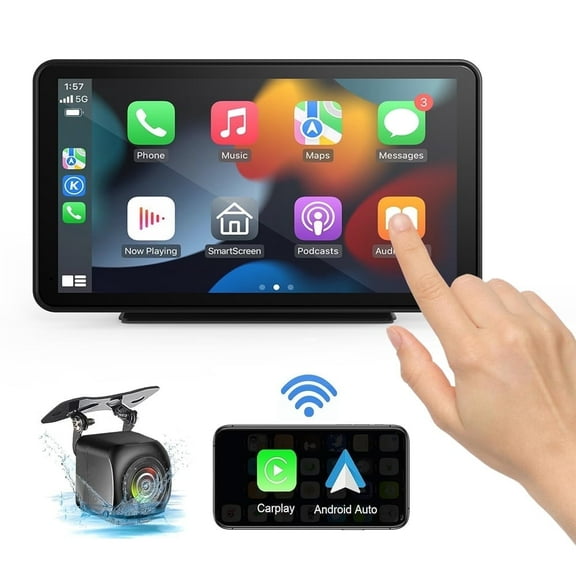 Wireless Carplay Screen for Car 7" Portable Apple Carplay & Android Auto Car Stereo with Backup CameraGPS Navigation/Mirror Link/Voice Control Siri /BT FM, AUX for All Vehicles