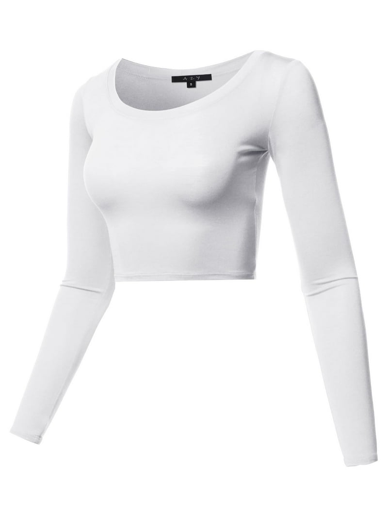 ◆as if calie◆ GURLS BASIC CROP LONG SLEEVE TSHIRT WHITE CA A2Y Women's Stretchable Scoop Neck Long Sleeve Crop Top
