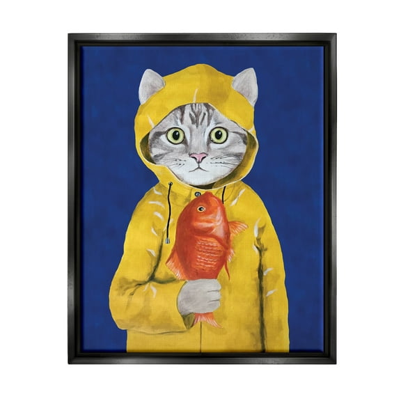 Stupell Industries Fisherman Feline Yellow Coat Cat Jet Black Framed Floating Canvas Wall Art, 16x20, by Coco de Paris