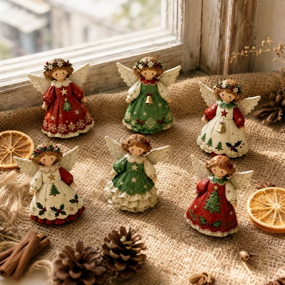 Rirozkan Angel Ornaments Set, 6 Pcs Wooden Christmas Tree Hanging Decor for Home Party, Holiday Gift, Fireplace, Mantel, Indoor