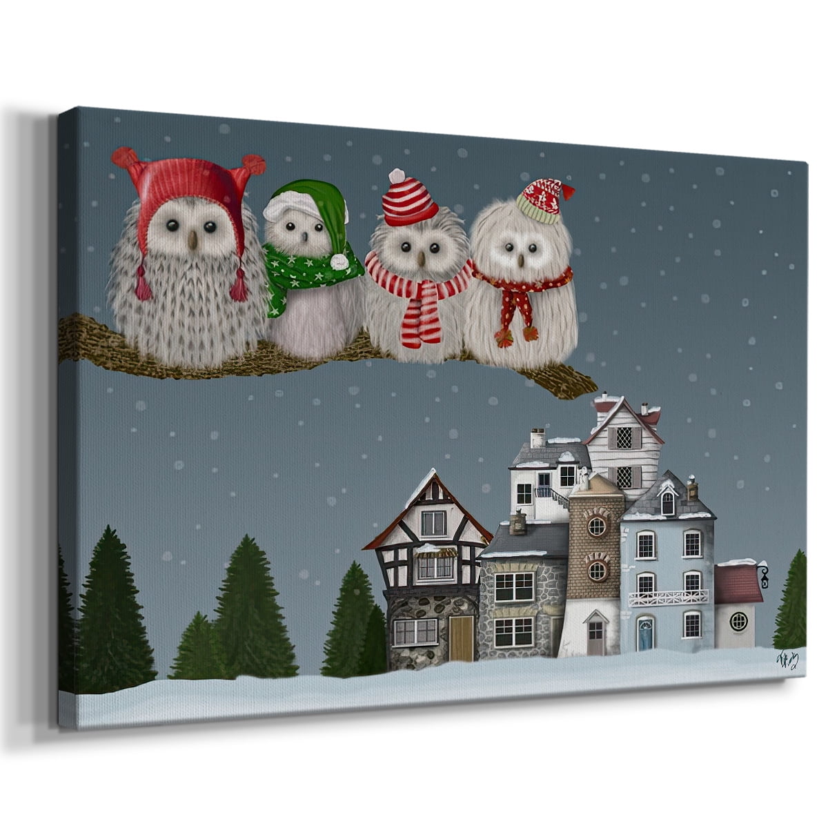 Christmas Christmas Owl Village- Gallery Wrapped Canvas