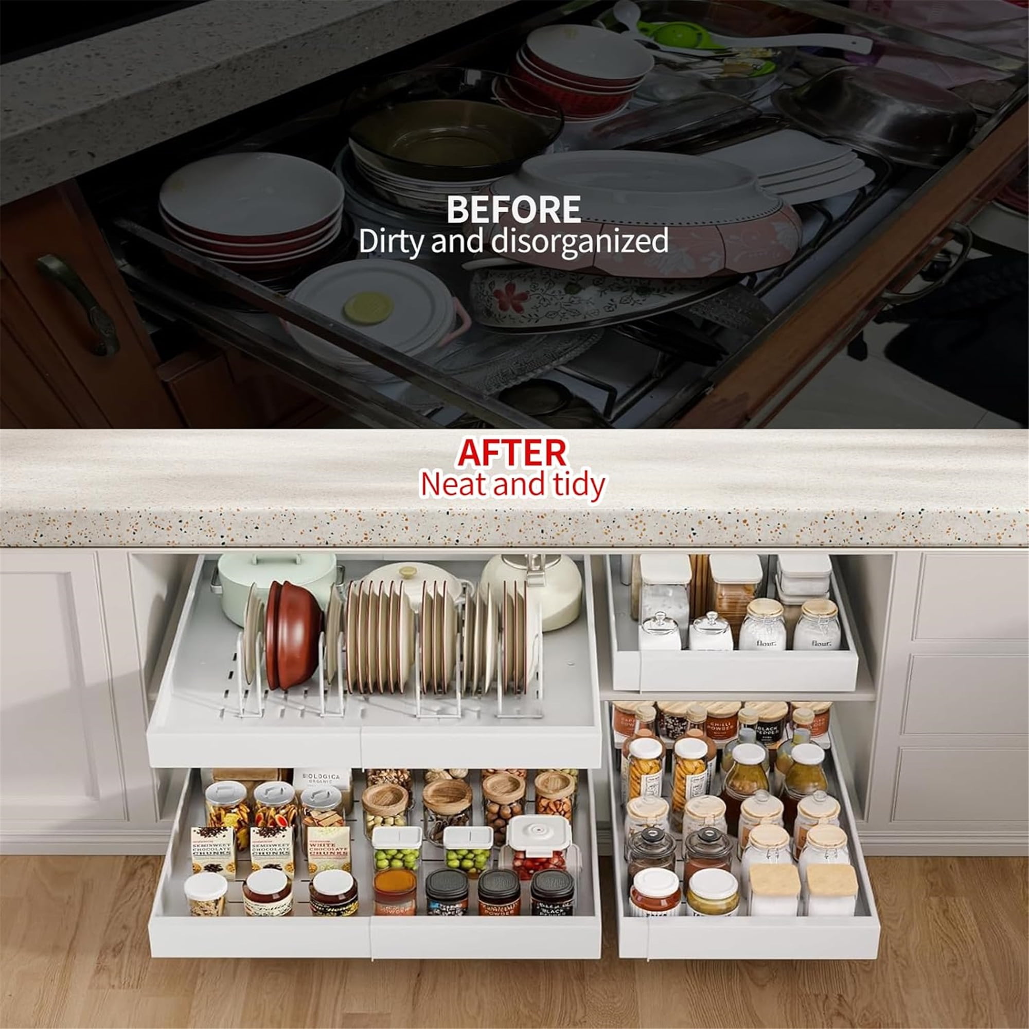 Pull out Cabinet Organizer, Expandable(12.6"-20.5") Pull Out Drawers for Cabinets with Adhesive Nano Film for Pots, Roll out Shelf Storage for Kitchen Base Cabinet Organization,White