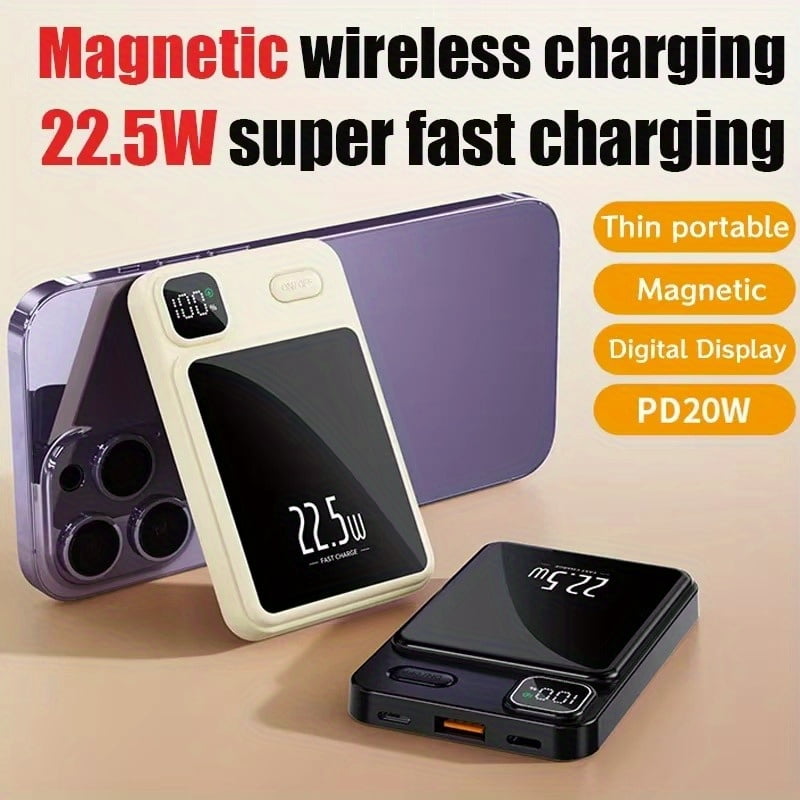 Magnetic Wireless Fast-Charge 20000mAh Power Bank with Stand, Ultra-Thin Compact Mirror Design, LED Display, Portable Emergency Backup Battery for Travel