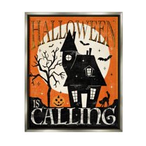 Stupell Industries Halloween Is Calling Haunted House Graphic Art Luster Gray Floating Framed Canvas Print Wall Art, Design by Veronique Charron