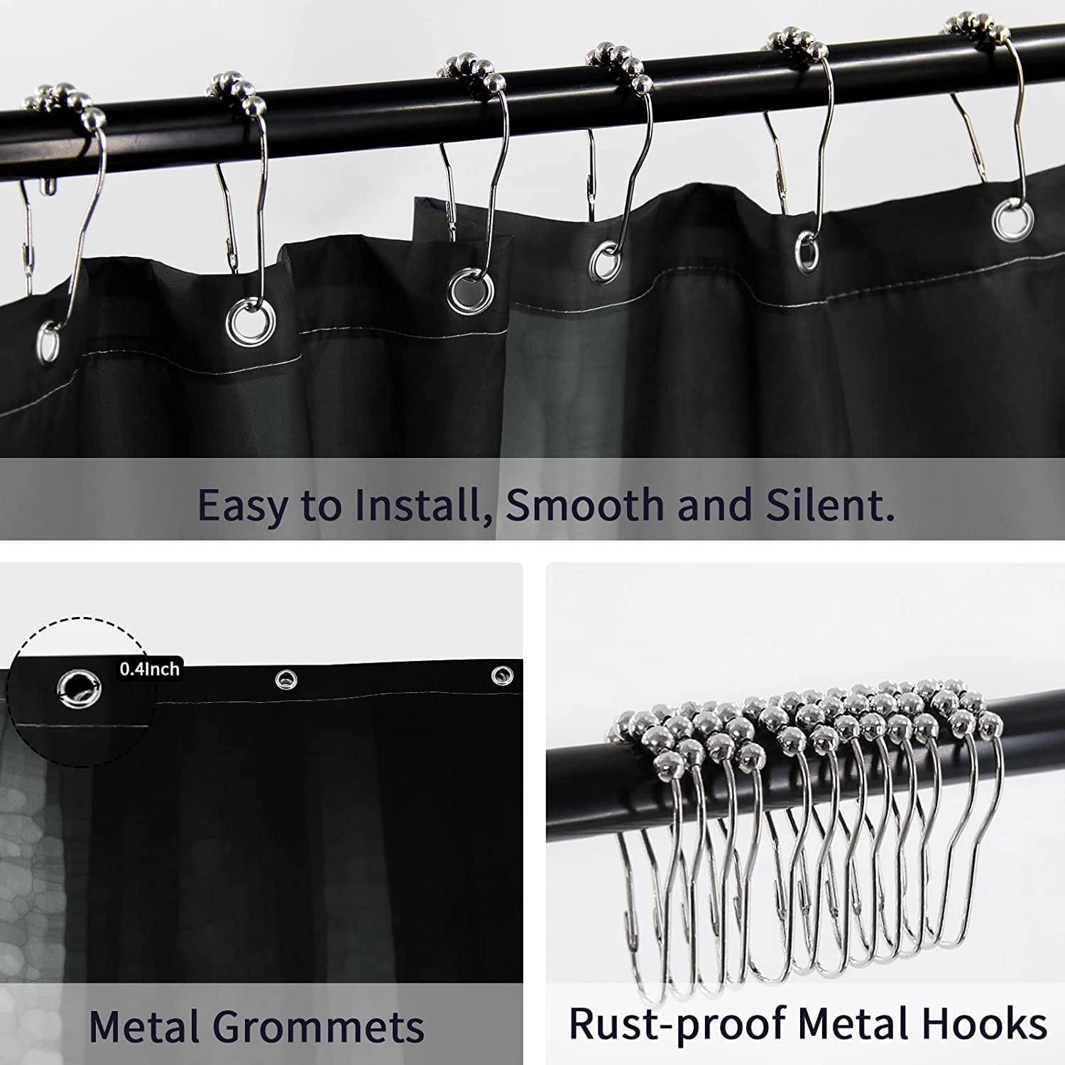 Small Stall Shower Curtain 36 x 72, Narrow Half Black Grey Shower Curtain Set, Abstract Modern Fabric Shower Curtain for Bathroom, Cool Glass Texture Ombre Shower Curtain with Hooks