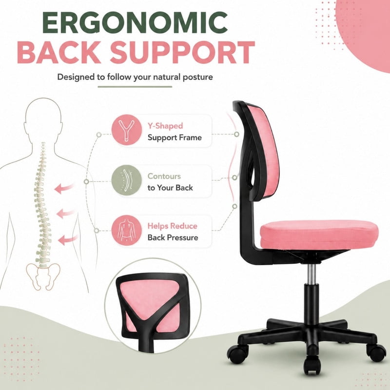 BEAUTYPEAK Desk Chair with Y-Shaped Lumbar Support Adjustable Armless Mesh Office Chair with Wheels for Home Office, Pink
