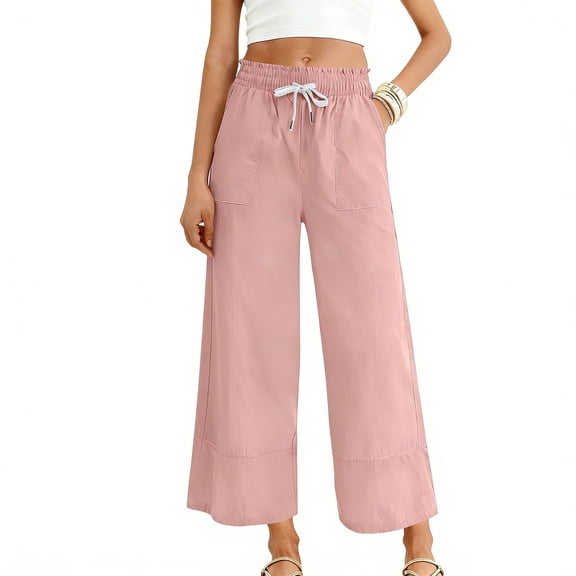 RQYYD Women's Wide Leg Pants Dressy Casual Palazzo Pants Flowy Slacks Elastic Waist with Pockets