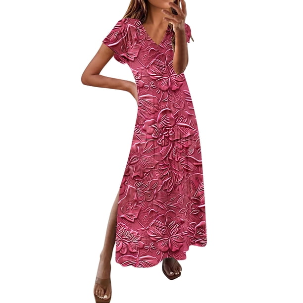 Vestido de Verano Largo para las Mujeres, Primavera Y Verano Cuello en V, Vestido de Manga Corta Casual Sólido