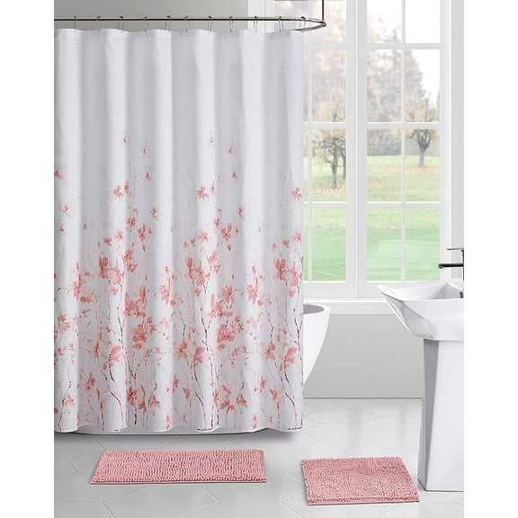 Serafina Home Spring Pink Floral Fabric Shower Curtain: Watercolor Flowers and Leaves (Forsythia Pink)