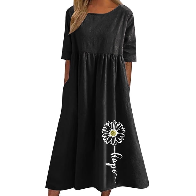 QIPOPIQ Robe Longue Décontractée pour Femme en Coton et Lin, Ample, Unie, Plissée, Manches Courtes, Robes Midi, Liquidation