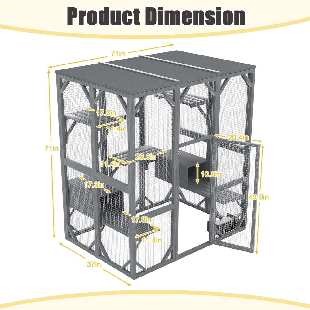 AUU 71" Large Outdoor 3-Tier Cat Enclosure for Multiple Cats, Waterproof Roof, 6 Platforms for Patio Yard Garden