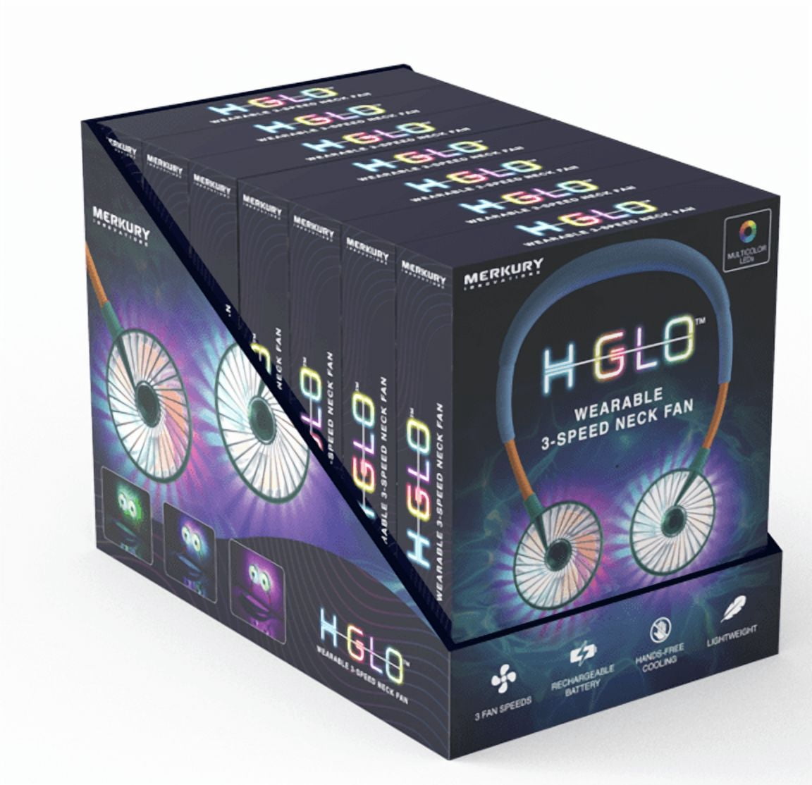 H-GLO Portable Neck Fan with LED Lights, Rechargeable, 3 Speeds, White, 1-Pack