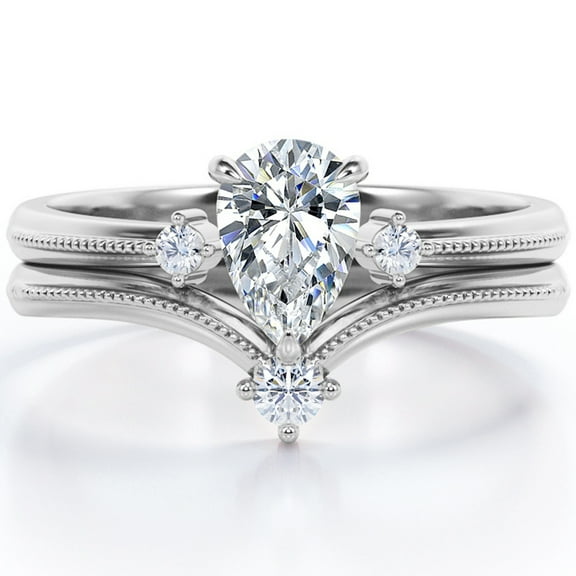 JeenMata Chevron Milgrain Edge 1.05 Carat Pear Shaped Moissanite Open Wedding Set in 18K White Gold Plating over Silver