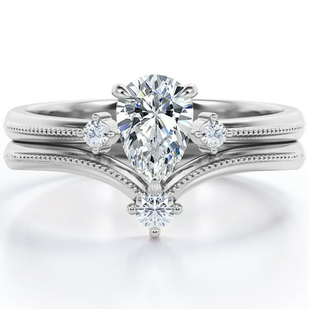 JeenMata Chevron Milgrain Edge 1.05 Carat Pear Shaped Moissanite Open Wedding Set in 18K White Gold Plating over Silver