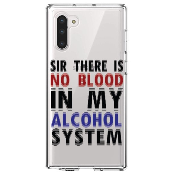 DistinctInk Clear Shockproof Hybrid Case for Samsung Galaxy Note 10 (6.3" Screen) - TPU Bumper Acrylic Back Tempered Glass Screen Protector - Sir There is Blood in My Alcohol System