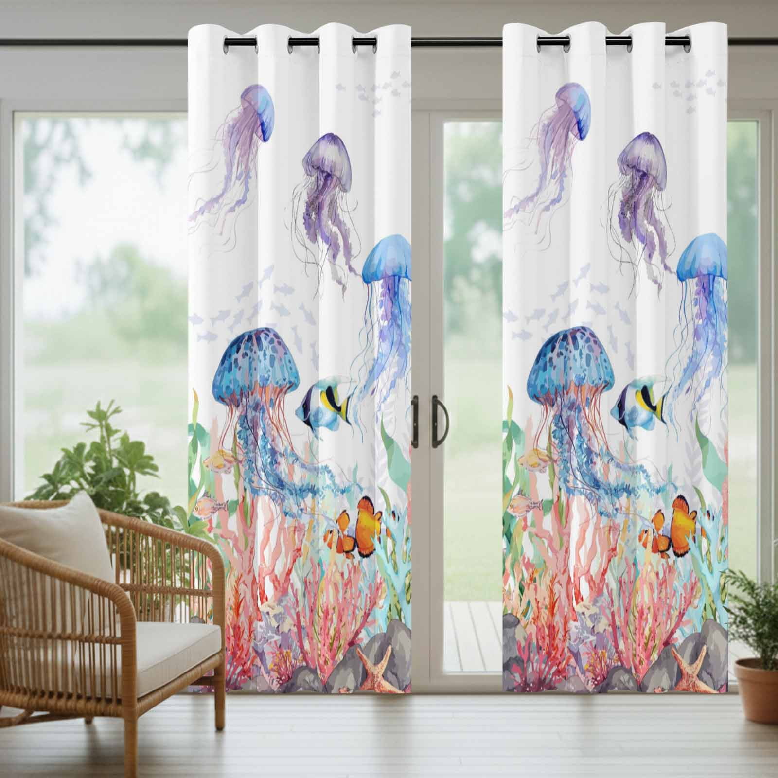 Watercolor Jellyfish Outdoor Curtains for Patio, Summer Ocean Seaweed Coral Coastal Sunshade Privacy Drapes Grommet Waterproof Outside Curtains for Porch/Cabana/Balcony 54"x 108", 1 Panel