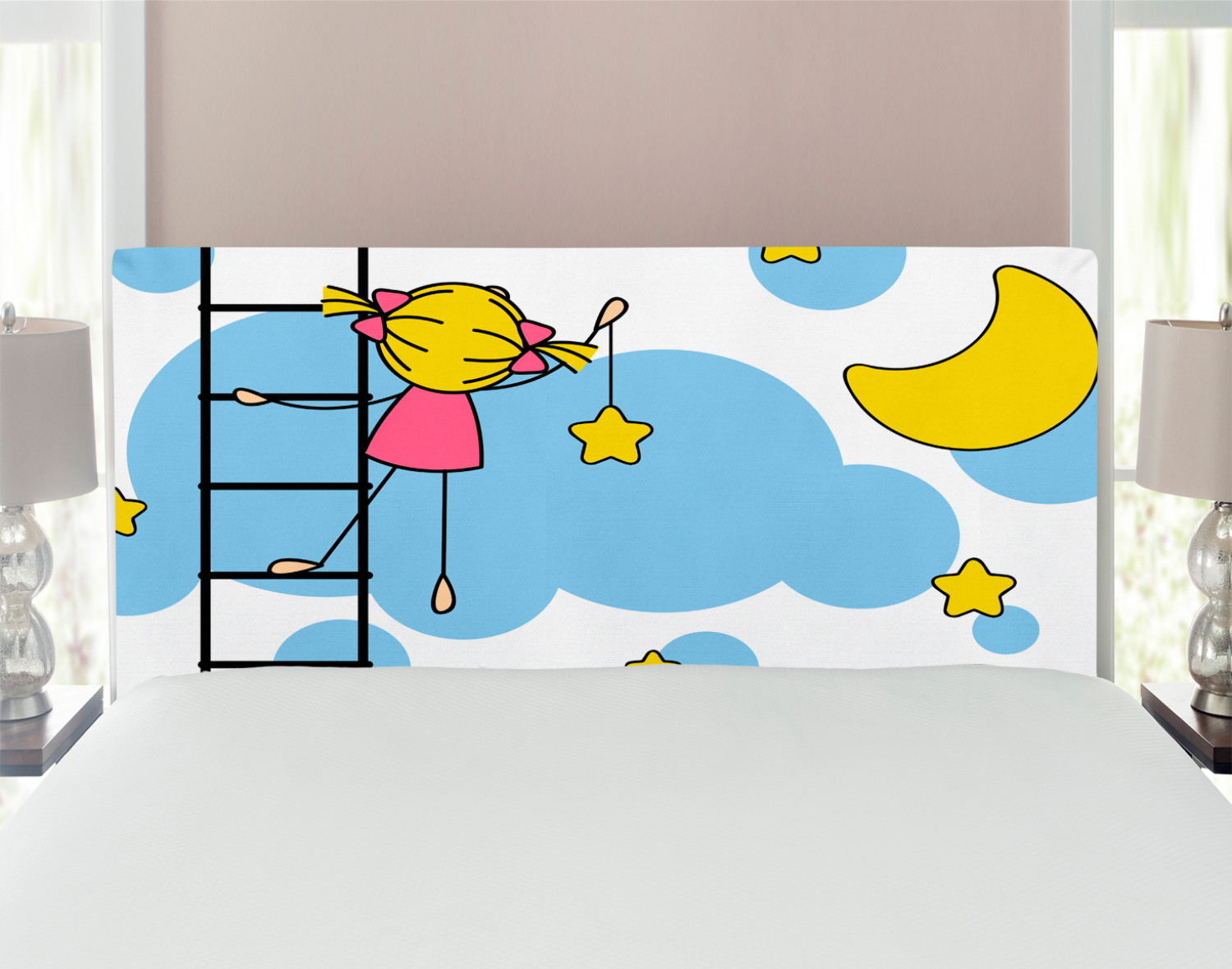 Star Headboard, Girl on Ladder Hanging a Star in the Night Sky with Half Moon Cartoon Picture, Upholstered Decorative Metal Bed Headboard with Memory Foam, Full Size, Yellow Blue, by Ambesonne - image 1 of 4