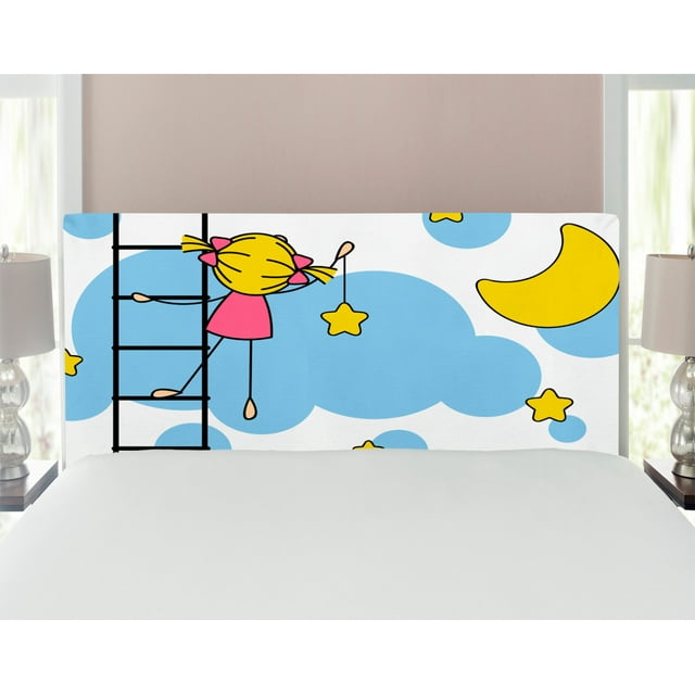 Star Headboard, Girl on Ladder Hanging a Star in the Night Sky with Half Moon Cartoon Picture, Upholstered Decorative Metal Bed Headboard with Memory Foam, Full Size, Yellow Blue, by Ambesonne