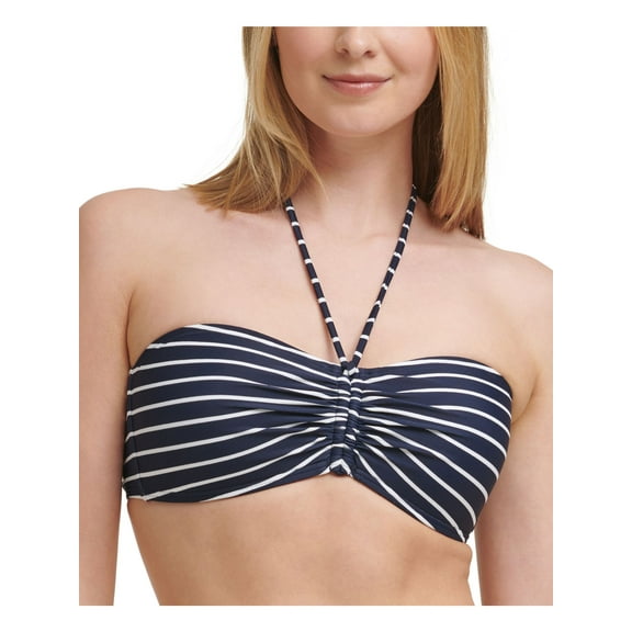 TOMMY HILFIGER Women's Navy Striped Stretch Lined  Center-Bust Halter Tie Bandeau Swimsuit Top L