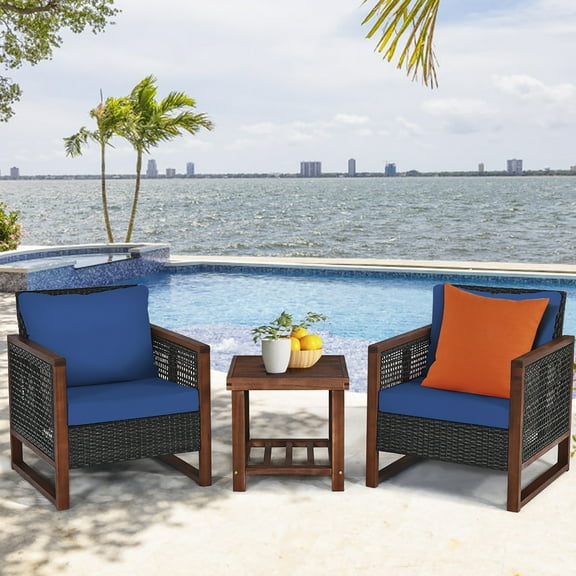 Costway 3PCS Patio Wicker Furniture Set Solid Wood Frame Cushion Sofa w/ Square Table Shelf Navy