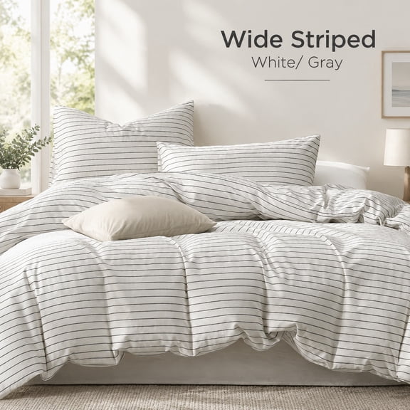 100% Cotton Wide Striped Queen Duvet Cover Set, Soft Breathable White and Gray Bedding Cover Set