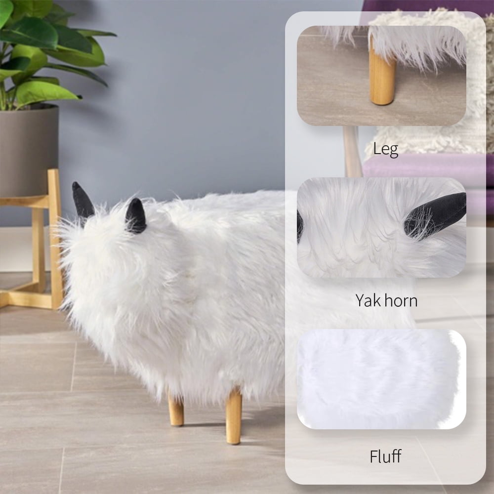 Animal White Furry Yak Ottoman Cute Wood Foot Stool Shoes Changing Seat with Cushioned for Adult Living Room Bedroom Nursery Gameroom Playroom Porch Furniture Walmart