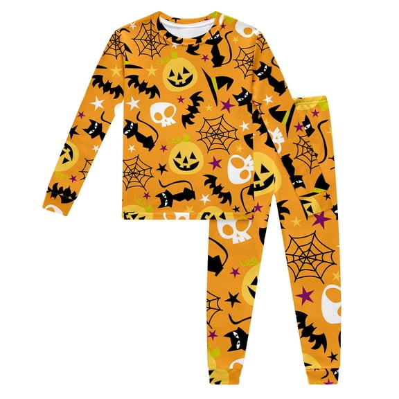 FINALGANG Kids Boys Girls Crew Neck Long Sleeve Halloween Cartoon Print Fitted Top Elastic Waist Stretch Jogger Pants Halloween Soft Homewear Two Piece Set 2-3 Years