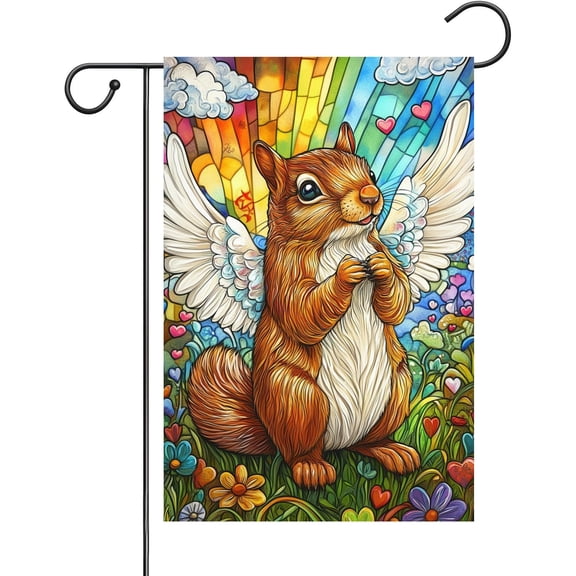 Stained Glass Squirrel Garden Flag Double Sided 12 x 18 Inch Spring Summer Rainbow Bridge Pet Memorial Sympathy Decor