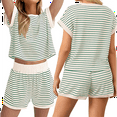 thumbnail image 2 of Women Summer 2 Piece Sets Striped Short Sleeve T Shirts and Shorts Matching Set Light Green S, 2 of 6