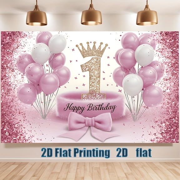 Pink 1st Birthday Backdrop Pink White Balloons Happy Birthday Photography Background Golden Glitter Crown Pink Confetti First Birthday Party Decorations Banner Supplies Photo Booth Props