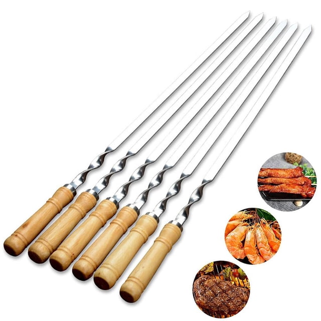 Pinchos Para Barbacoa De 21,7 Pulgadas, 6 Uds., Mango De Madera, Acero Inoxidable, Aguja Para Parrilla Al Aire Libre, Pinchos Para Parrilla Antioxidantes Para Camarones, Pollo, Fruta Vogacara OD013564-00
