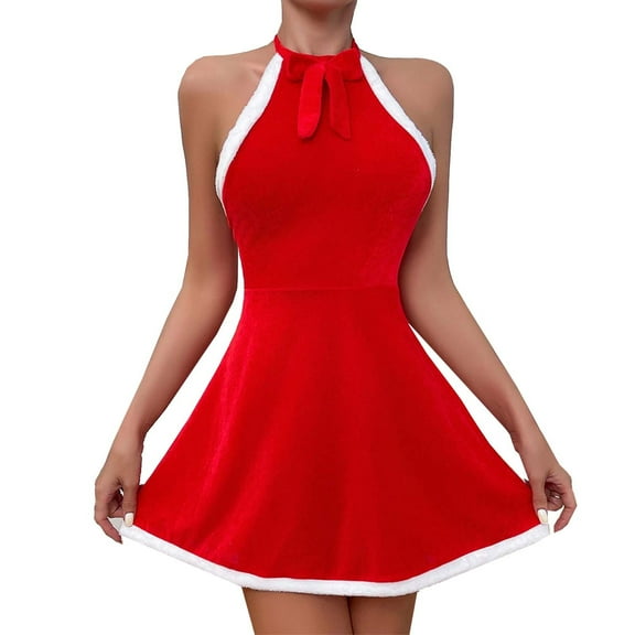 Mini Dress for Women Christmas Party Santa Claus Halter Neck Sleeveless Sleepwear Red M
