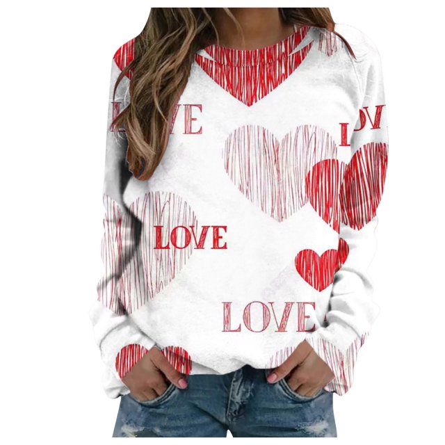 Chandail Mince Imprimé Décontracté pour Femmes de la Saint-Valentin à Manches Longues à Col Rond/chemise