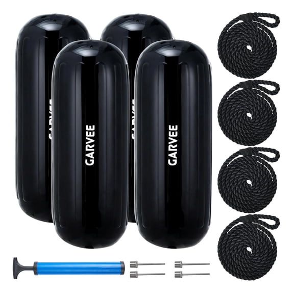 Rugerasy 4PC 10x28 Inch Boat Fenders,Heavy Duty Inflatable Dock Bumpers with Ropes & Pump for Pontoon,Sailboat,Yacht Docking Protection,Black