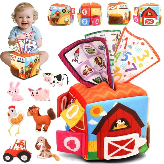 Baby Toys 6-12 Months, Soft Barn Toy with Stuffed Farm Animals, Montessori Toy for 1 Year Girls Boys, Toddlers Learning Toy