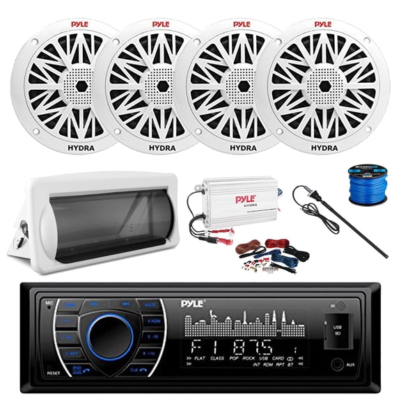 Pyle PLRMR27BTB Marine Bluetooth MP3 Radio Receiver, Slide-Up Cover, 4-Channel Amplifier w/Kit, 4x 6.5" 200 Watt Peak Full Range 2-Way Waterproof Speakers w/Wire, Long Range Radio Antenna