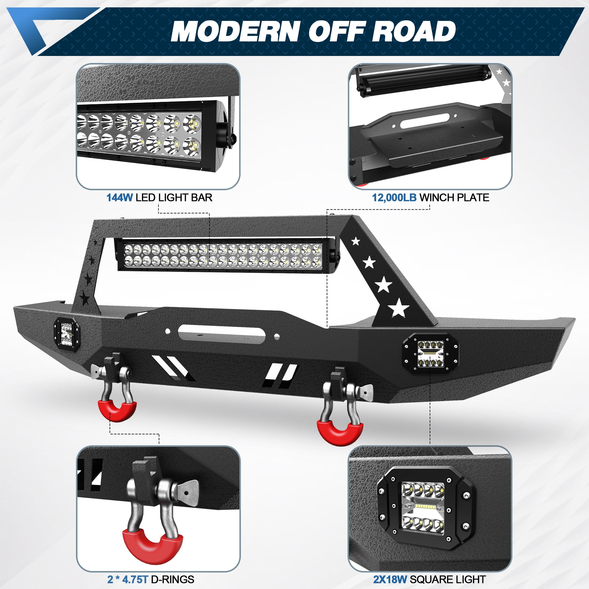 POFENZE For Jeep XJ Front Bumper Compatible with 1984-2001 Jeep Cherokee XJ with Winch Plate and Lights