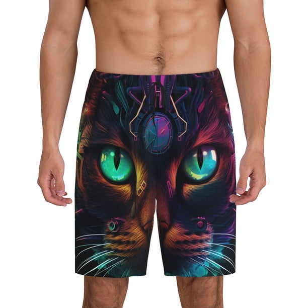 Fotbe Futuristic Cat Warrior Pantalones Cortos de Pijama para Hombre, Ropa de Dormir, Pantalones de Pijama Cortos para Hombre-Small