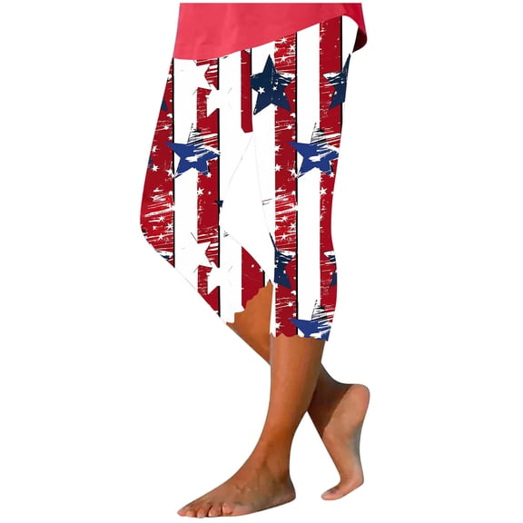 Independence Day Yoga Capris for Womens High Waisted Put On Strech Leggings Usa Flag Star Printed Patriotic Sweatpants Tummy Control Pants Workout Running Gym Yoga Pants