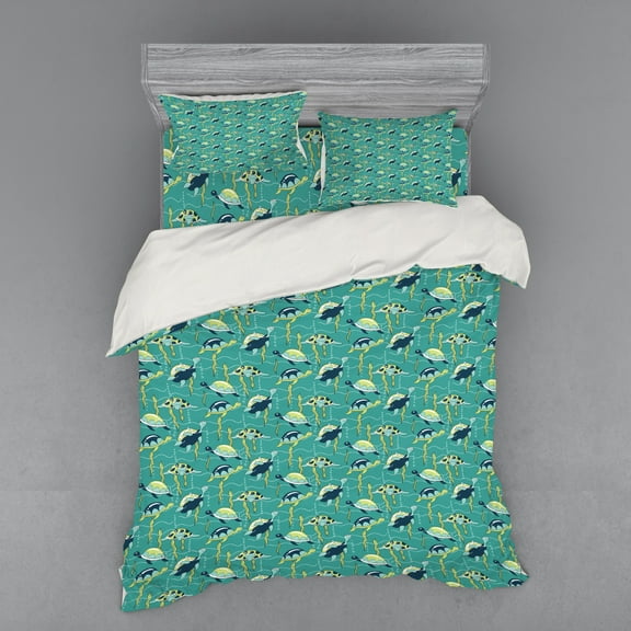 Turtle Duvet Cover Set, Underwater Wildlife Composition with Wavy Ocean and Colorful Animals with Shells, Bedding Set with Shams and Fitted Sheet, 3 Sizes, by Ambesonne