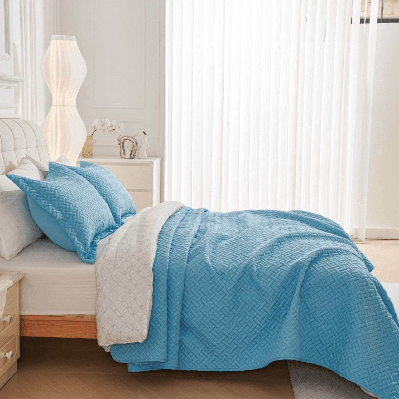 Legacy Decor Modern Abstract Blue Geometric 3-Piece Reversible Queen Blue Bedspread