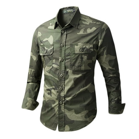 Miqool Men s Camouflage Button-Down Shirt Slim Fit Long Sleeve UPF 50+ Lightweight Outdoor Camo Camp Shirts with Pockets for Hiking Hunting Fishing