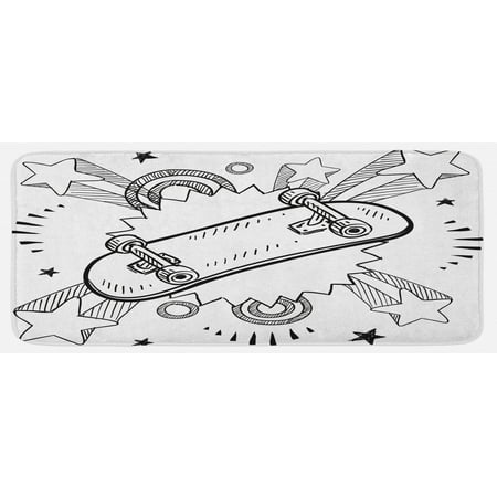 

Hipster Kitchen Mat Sketch of a Skateboard Sixties and Seventies Style Pop Art Inspired Background Plush Decorative Kitchen Mat with Non Slip Backing 47 X 19 Black White by Ambesonne