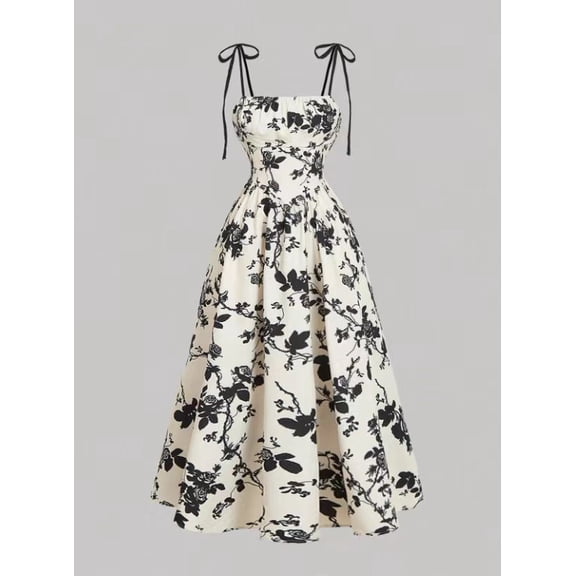French retro floral print elegant waist-cinching slip dress