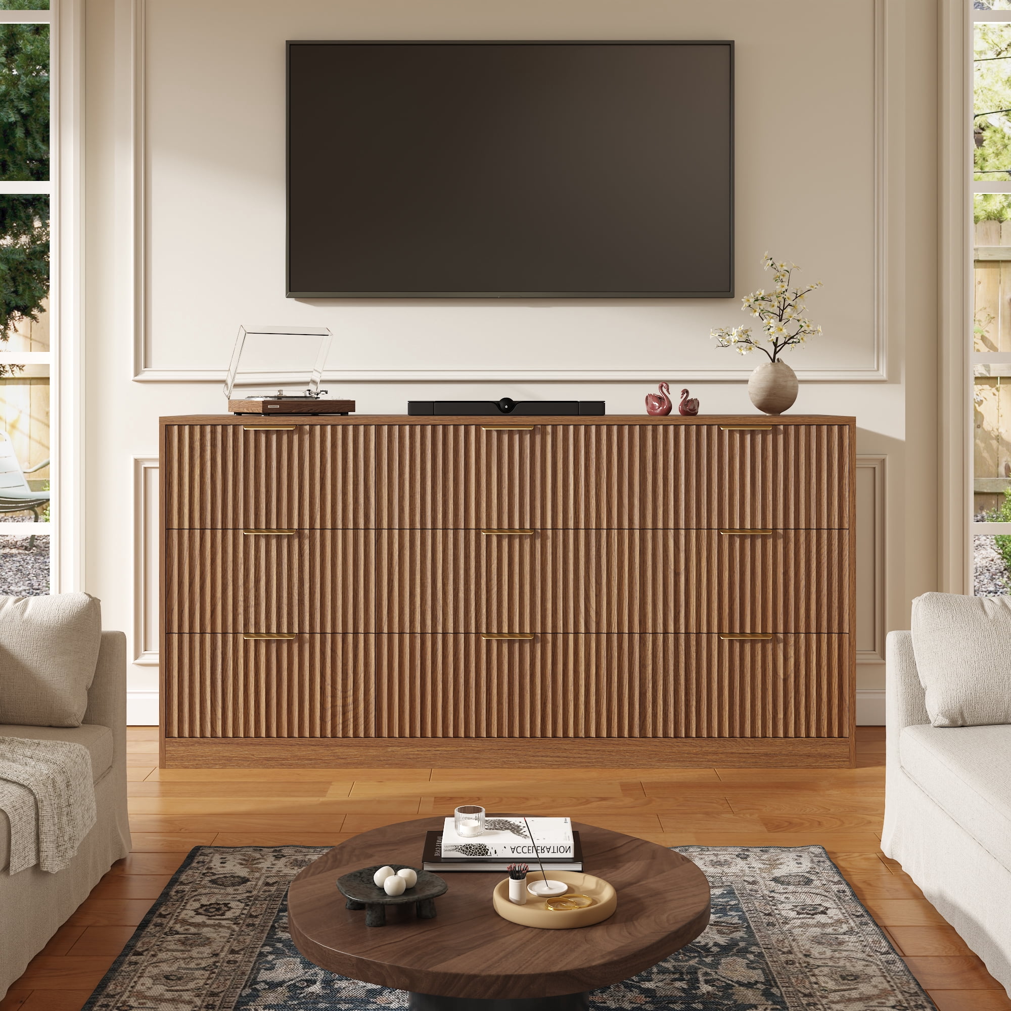 ASTUVIA 63" W Fluted 9 Drawer Dresser for Adult,Wooden Bedroom Dresser,Dresser TV Stand up to 70" for Living Room,Oak