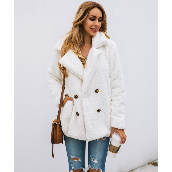 ZECATL Womens Casual Lapel Pea Coat Fleece Fuzzy Faux Shearling Button Warm Autumn Winter Outwear Jacket with Pockets