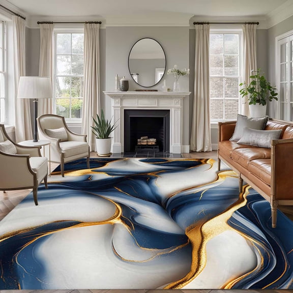 Marble Texture Washable Living Room Rugs 6'x9', Modern Golden Blue Fluid Art Low Pile Throw Large Area Rug Non-Slip Sturdy Edge Binding Carpet for Dining Room Kitchen Office