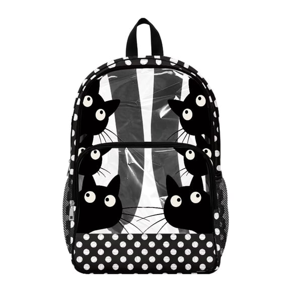 COEQINE Clear Backpack for School Multi-Pocket Bookbag PVC Polyester See Through Book Bag with Padded Shoulder Straps, Heavy Duty Work Bag Transparent Daypack, Black Cat Polka Dots