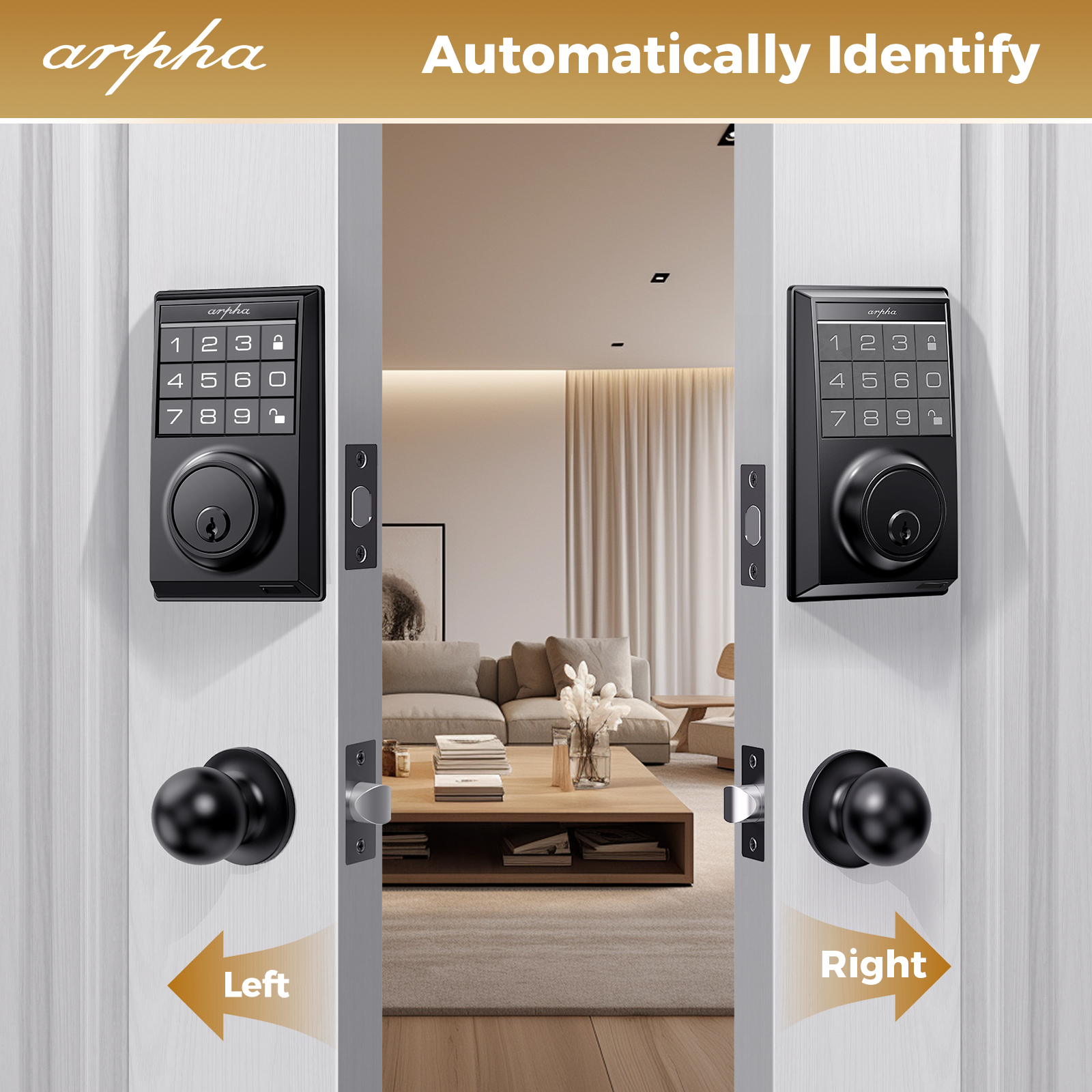 ARPHA Keyless Entry Door Lock with App Control, Smart Keypad Deadbolt with 2 Door Knobs, 100 Code Door Locks for Front Door, One Time Code, Auto Lock Easy to Install