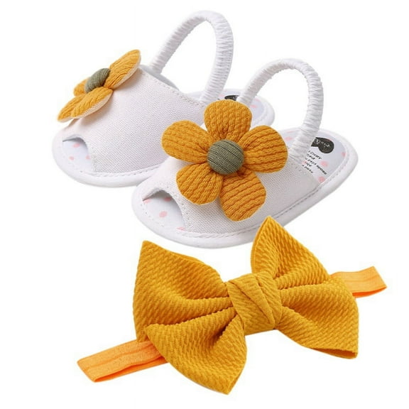 Uccdo Baby Girl Flower Sandals Shoes Newborn Anti-Slip Summer Flats Crib Shoes Headband